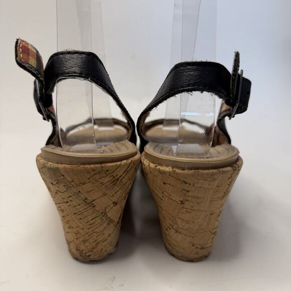 Crocs Womens A-Leigh Sandal Size 7 Black Leather Cork Wedge Heel Slingback Shoe - Picture 5 of 7